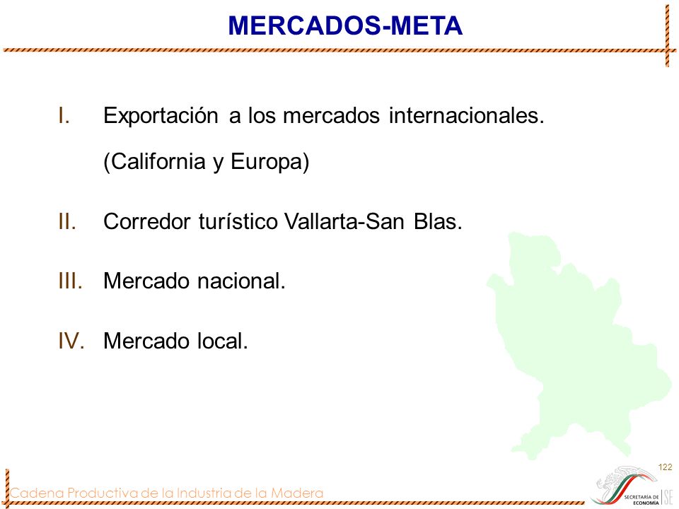 MERCADOS-META Exportación a los mercados internacionales. (California y Europa) Corredor turístico Vallarta-San Blas.