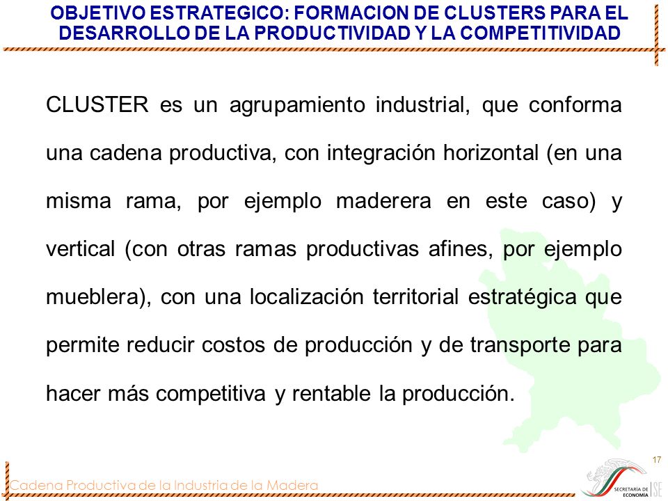 OBJETIVO ESTRATEGICO: FORMACION DE CLUSTERS PARA EL DESARROLLO DE LA PRODUCTIVIDAD Y LA COMPETITIVIDAD