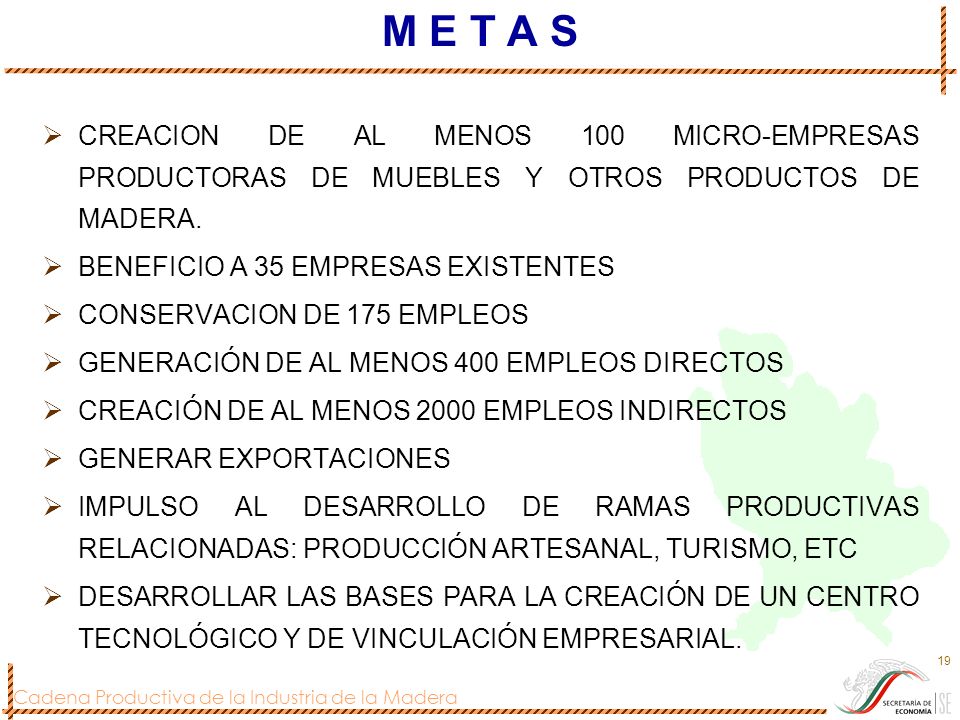 M E T A S CREACION DE AL MENOS 100 MICRO-EMPRESAS PRODUCTORAS DE MUEBLES Y OTROS PRODUCTOS DE MADERA.