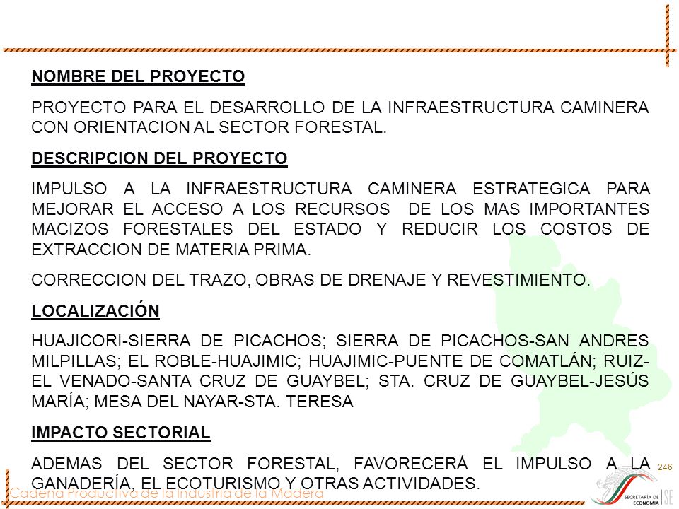 NOMBRE DEL PROYECTO PROYECTO PARA EL DESARROLLO DE LA INFRAESTRUCTURA CAMINERA CON ORIENTACION AL SECTOR FORESTAL.