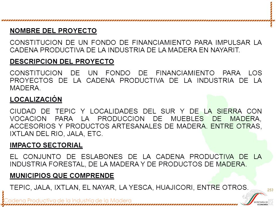 NOMBRE DEL PROYECTO CONSTITUCION DE UN FONDO DE FINANCIAMIENTO PARA IMPULSAR LA CADENA PRODUCTIVA DE LA INDUSTRIA DE LA MADERA EN NAYARIT.
