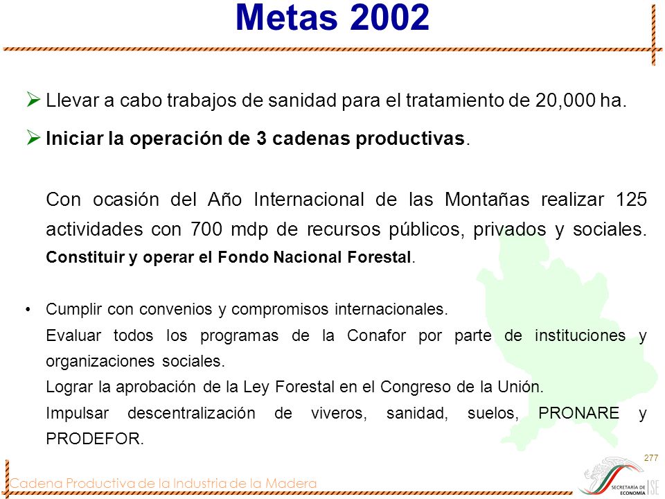 Metas 2002 Llevar a cabo trabajos de sanidad para el tratamiento de 20,000 ha. Iniciar la operación de 3 cadenas productivas.