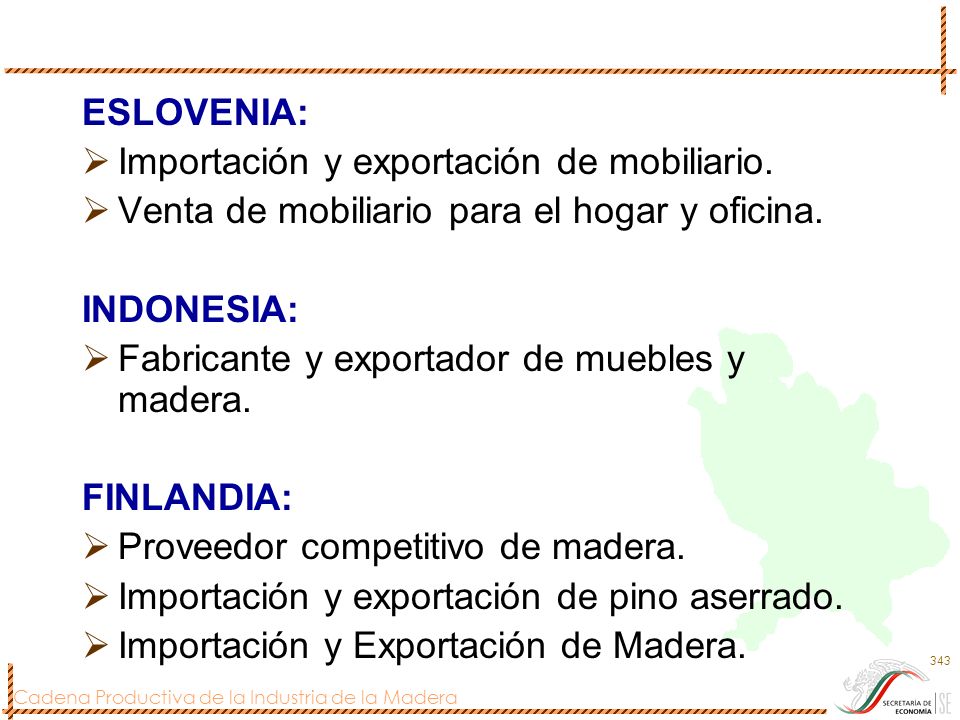 ESLOVENIA: Importación y exportación de mobiliario. Venta de mobiliario para el hogar y oficina. INDONESIA: