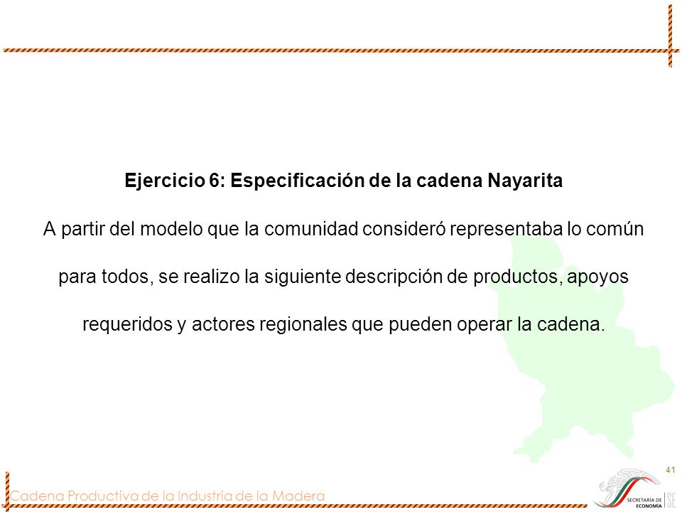 Ejercicio 6: Especificación de la cadena Nayarita A partir del modelo que la comunidad consideró representaba lo común para todos, se realizo la siguiente descripción de productos, apoyos requeridos y actores regionales que pueden operar la cadena.