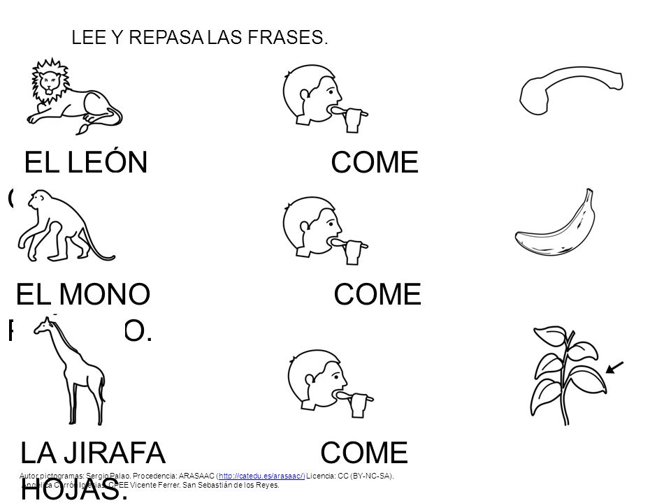 EL LEÓN COME CARNE. EL MONO COME PLÁTANO. LA JIRAFA COME HOJAS.