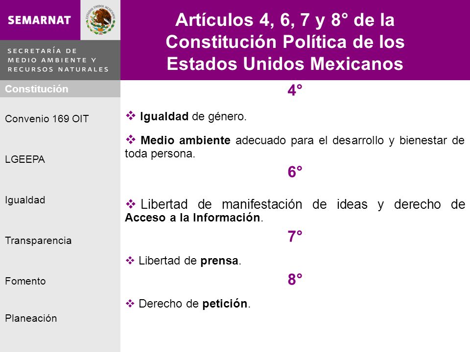 Artículos 4, 6, 7 y 8° de la Constitución Política de los Estados Unidos Mexicanos