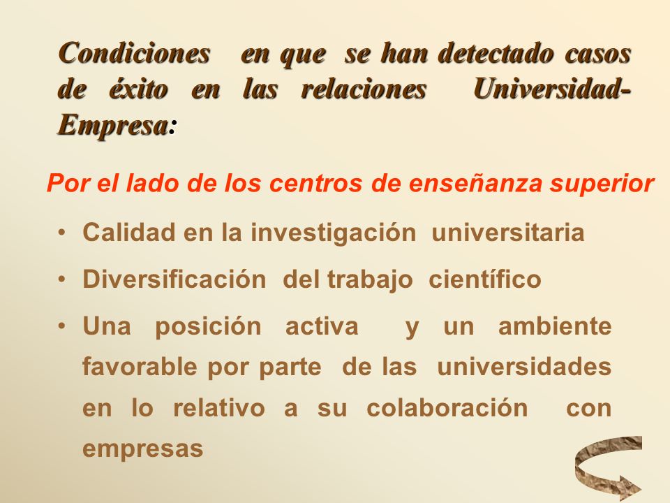 Condiciones en que se han detectado casos de éxito en las relaciones Universidad-Empresa: