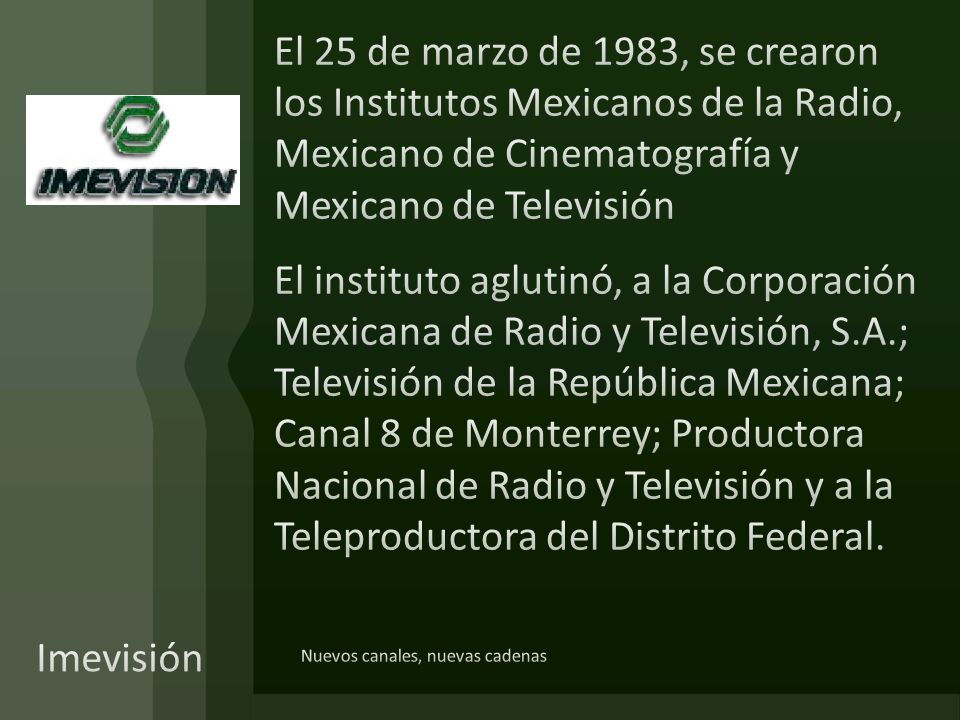 El 25 de marzo de 1983, se crearon los Institutos Mexicanos de la Radio, Mexicano de Cinematografía y Mexicano de Televisión El instituto aglutinó, a la Corporación Mexicana de Radio y Televisión, S.A.; Televisión de la República Mexicana; Canal 8 de Monterrey; Productora Nacional de Radio y Televisión y a la Teleproductora del Distrito Federal.