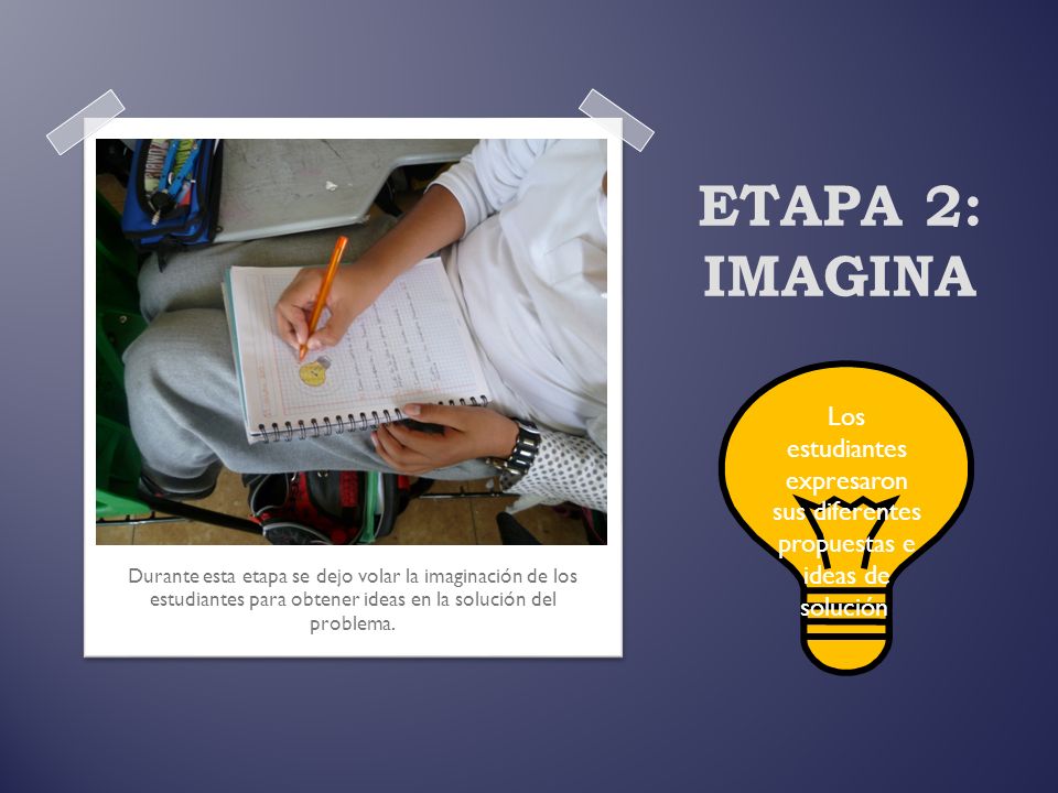 ETAPA 2: IMAGINA Los estudiantes expresaron sus diferentes propuestas e ideas de solución.