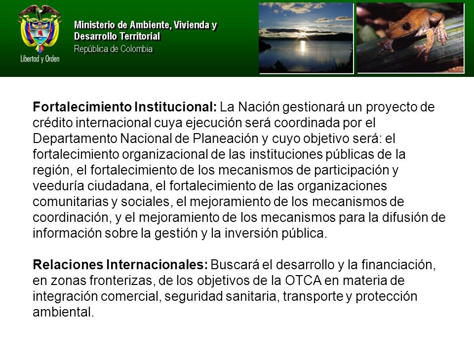 Fortalecimiento Institucional: La Nación gestionará un proyecto de crédito internacional cuya ejecución será coordinada por el Departamento Nacional de Planeación y cuyo objetivo será: el fortalecimiento organizacional de las instituciones públicas de la región, el fortalecimiento de los mecanismos de participación y veeduría ciudadana, el fortalecimiento de las organizaciones comunitarias y sociales, el mejoramiento de los mecanismos de coordinación, y el mejoramiento de los mecanismos para la difusión de información sobre la gestión y la inversión pública.