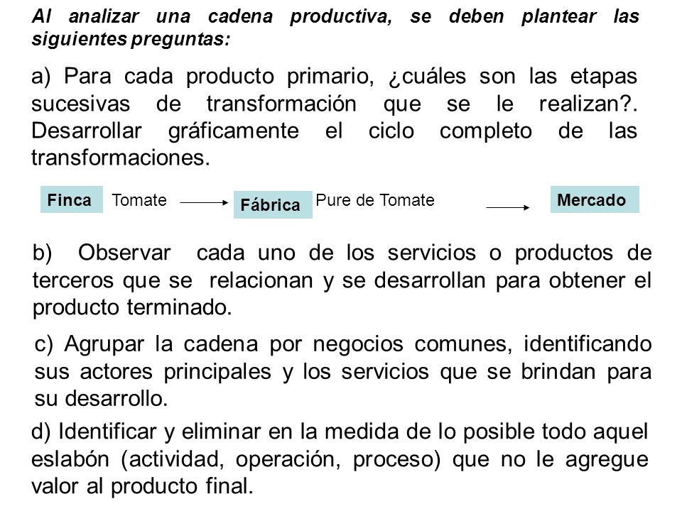 Al analizar una cadena productiva, se deben plantear las siguientes preguntas: