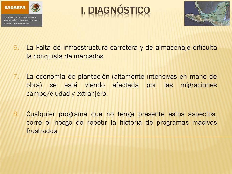 I. Diagnóstico La Falta de infraestructura carretera y de almacenaje dificulta la conquista de mercados.