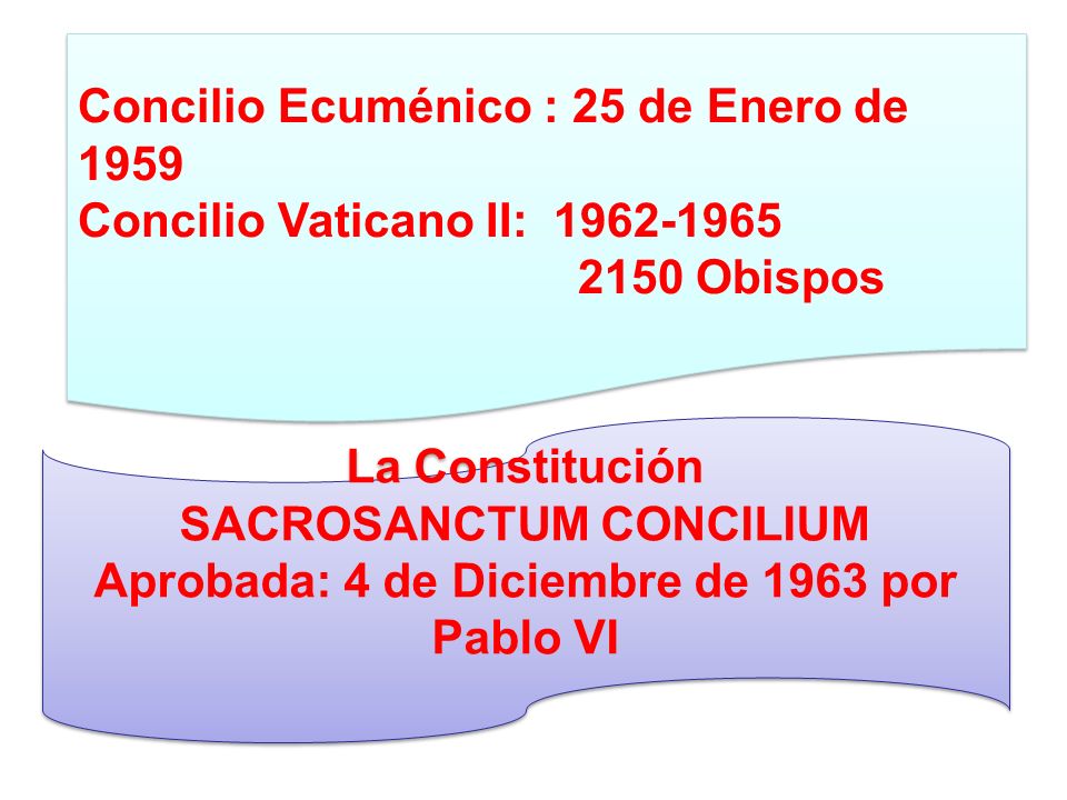 SACROSANCTUM CONCILIUM Aprobada: 4 de Diciembre de 1963 por Pablo VI