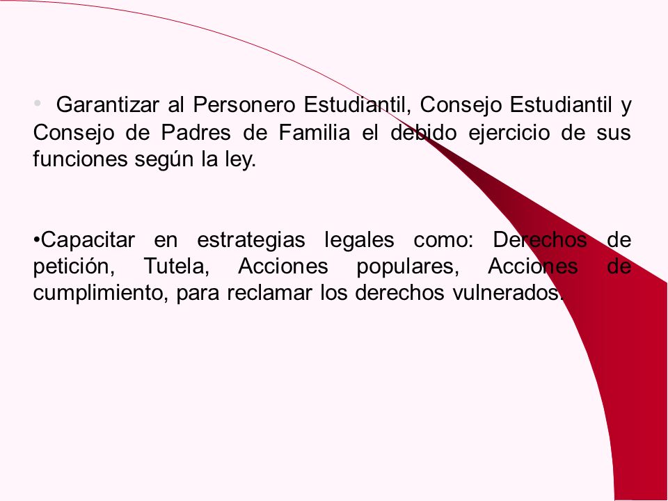 Garantizar al Personero Estudiantil, Consejo Estudiantil y Consejo de Padres de Familia el debido ejercicio de sus funciones según la ley.