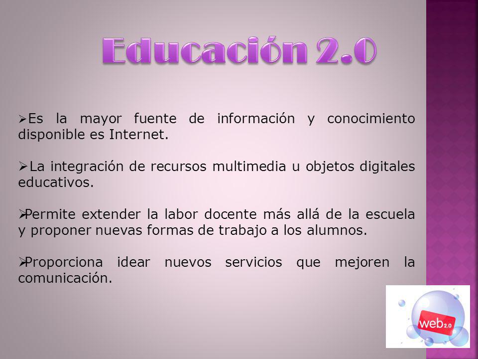 Educación 2.0 Es la mayor fuente de información y conocimiento disponible es Internet.