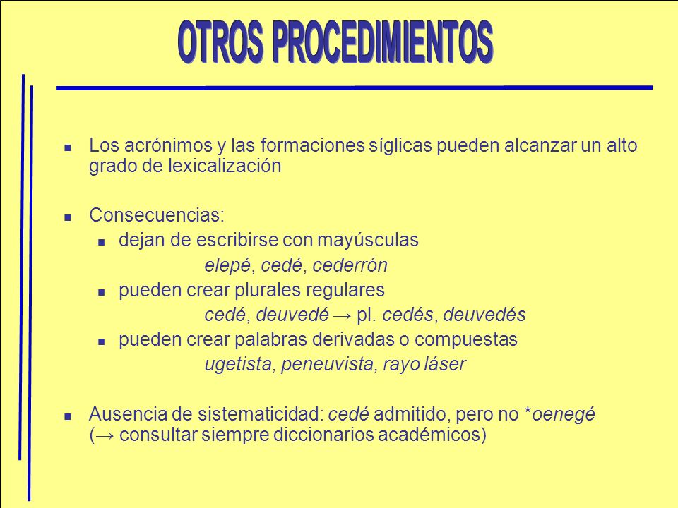 OTROS PROCEDIMIENTOS Los acrónimos y las formaciones síglicas pueden alcanzar un alto grado de lexicalización.