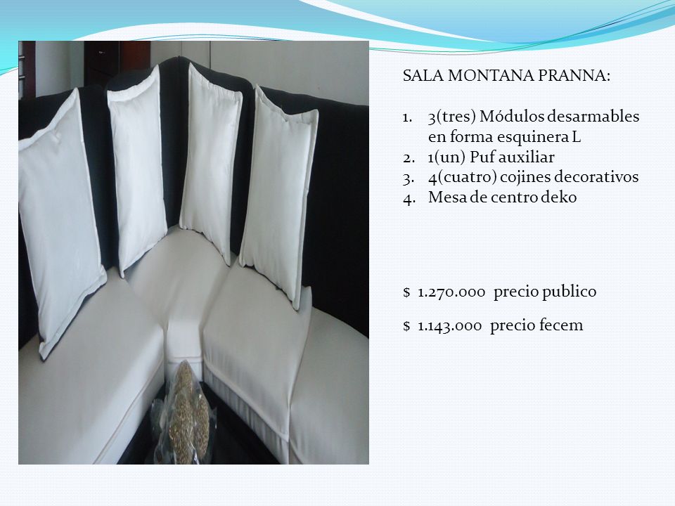 SALA MONTANA PRANNA: 3(tres) Módulos desarmables en forma esquinera L. 1(un) Puf auxiliar. 4(cuatro) cojines decorativos.