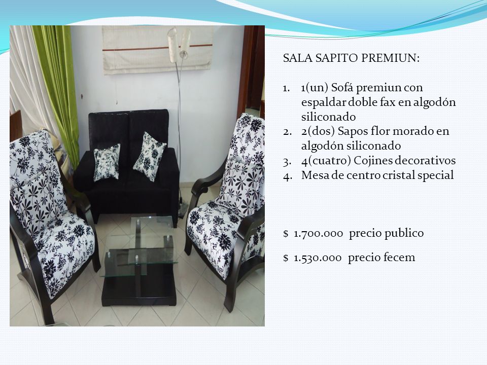 SALA SAPITO PREMIUN: 1(un) Sofá premiun con espaldar doble fax en algodón siliconado. 2(dos) Sapos flor morado en algodón siliconado.