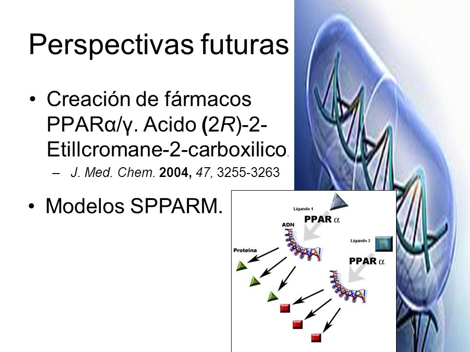 Perspectivas futuras Creación de fármacos PPARα/γ. Acido (2R)-2-Etillcromane-2-carboxilico. J. Med. Chem. 2004, 47,