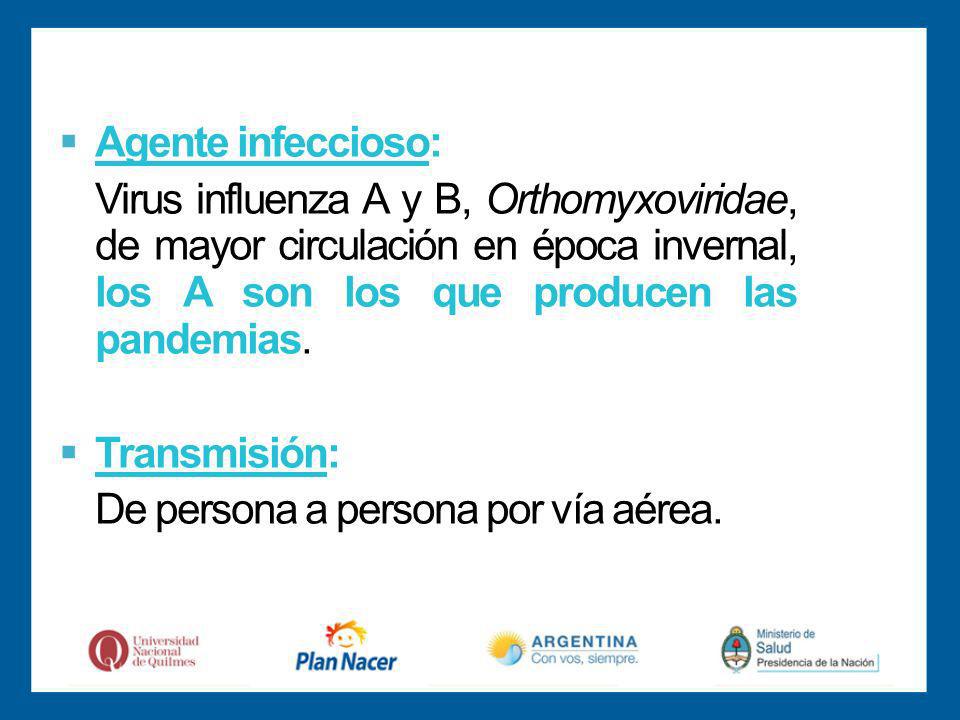 Agente infeccioso: Virus influenza A y B, Orthomyxoviridae, de mayor circulación en época invernal, los A son los que producen las pandemias.