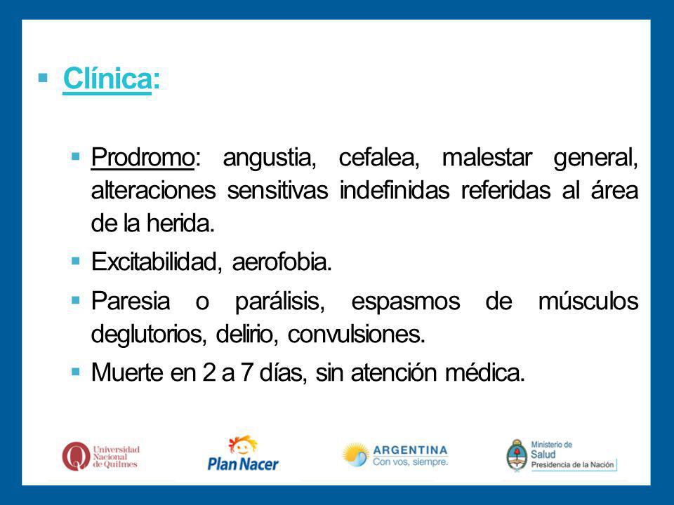Clínica: Prodromo: angustia, cefalea, malestar general, alteraciones sensitivas indefinidas referidas al área de la herida.
