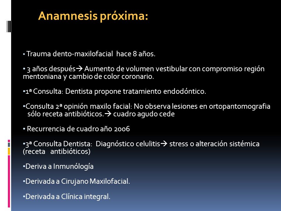 Anamnesis próxima: Trauma dento-maxilofacial hace 8 años.