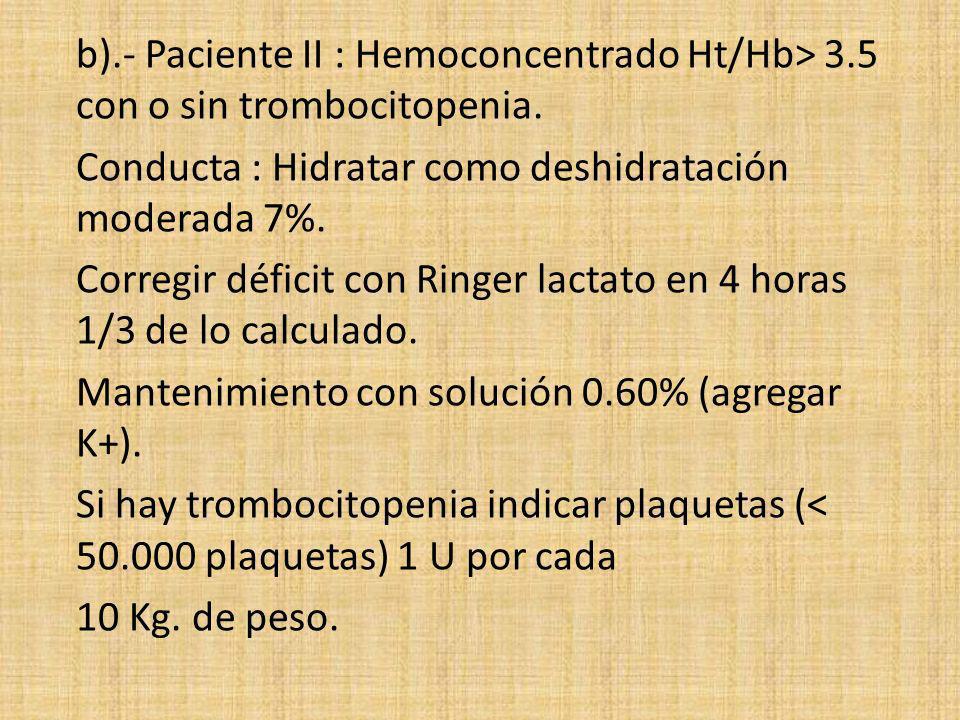 b). - Paciente II : Hemoconcentrado Ht/Hb> 3