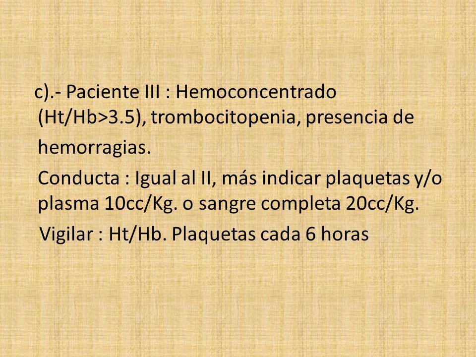 c). - Paciente III : Hemoconcentrado (Ht/Hb>3