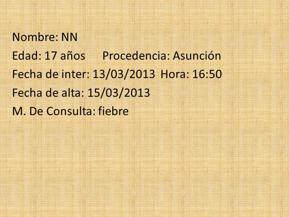 Nombre: NN Edad: 17 años Procedencia: Asunción Fecha de inter: 13/03/2013 Hora: 16:50 Fecha de alta: 15/03/2013 M.