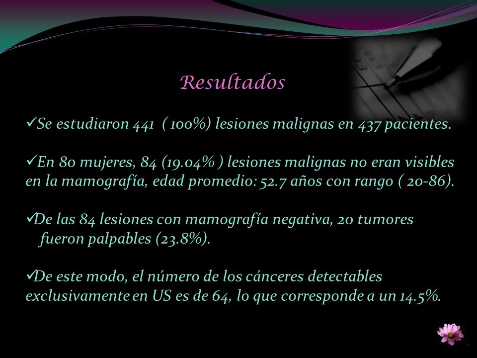 Resultados Se estudiaron 441 ( 100%) lesiones malignas en 437 pacientes.
