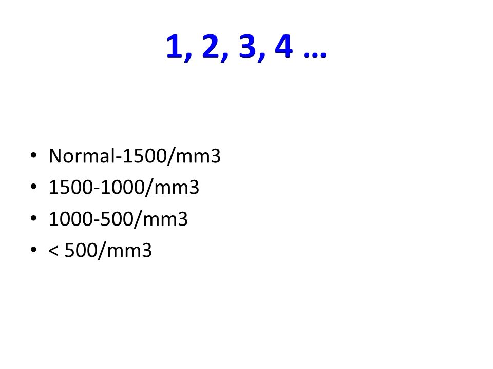 1, 2, 3, 4 … Normal-1500/mm /mm /mm3 < 500/mm3