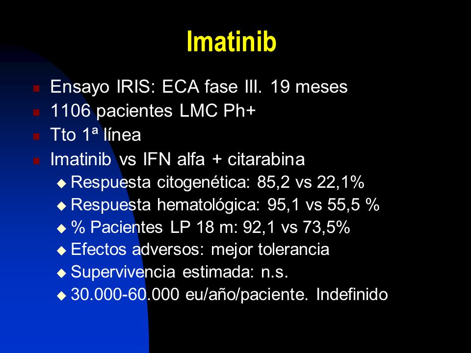 Imatinib Ensayo IRIS: ECA fase III. 19 meses 1106 pacientes LMC Ph+