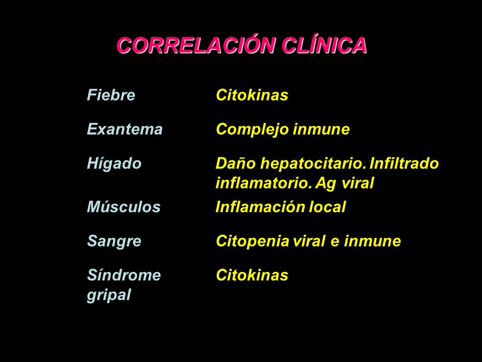 CORRELACIÓN CLÍNICA Fiebre Citokinas Exantema Complejo inmune Hígado