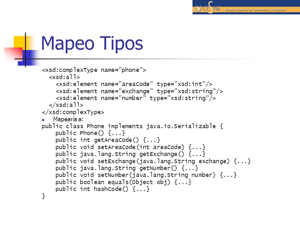 Mapeo Tipos <xsd:complexType name= phone > <xsd:all>