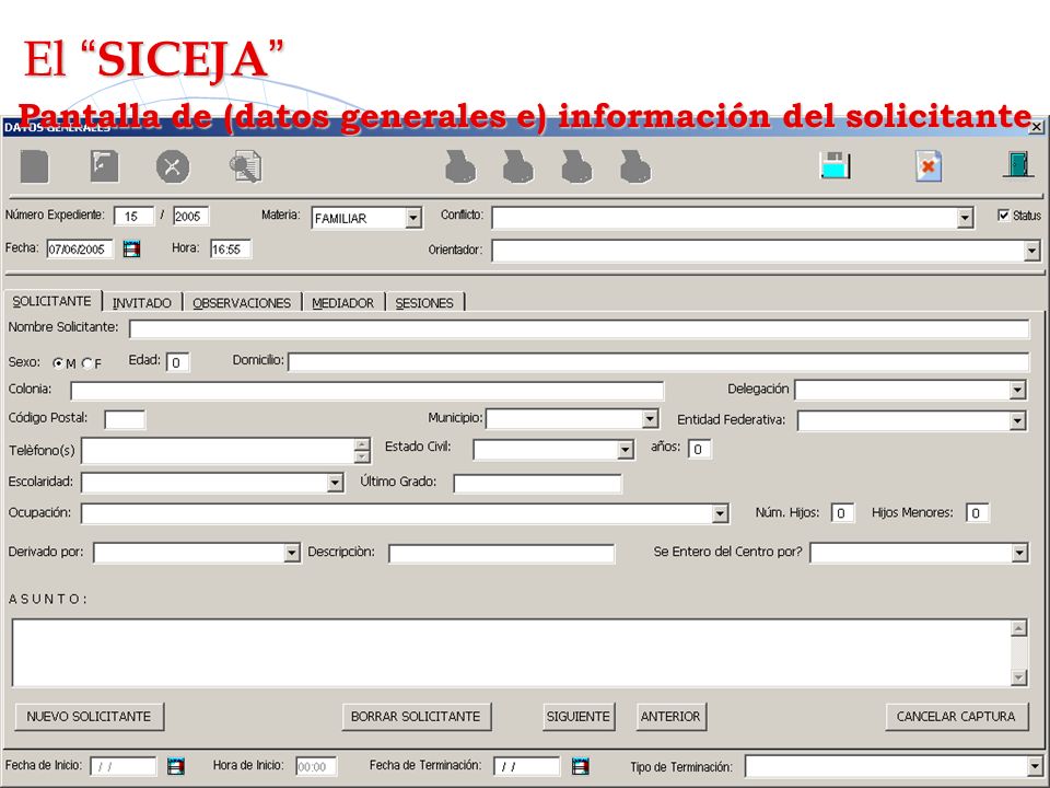 Pantalla de (datos generales e) información del solicitante