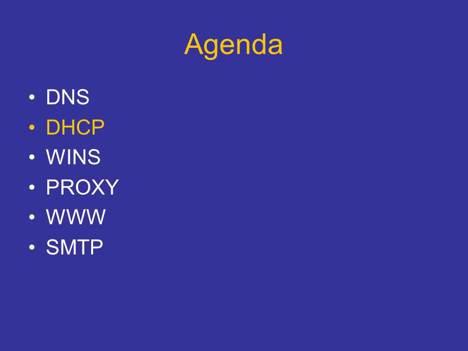 Agenda DNS DHCP WINS PROXY WWW SMTP