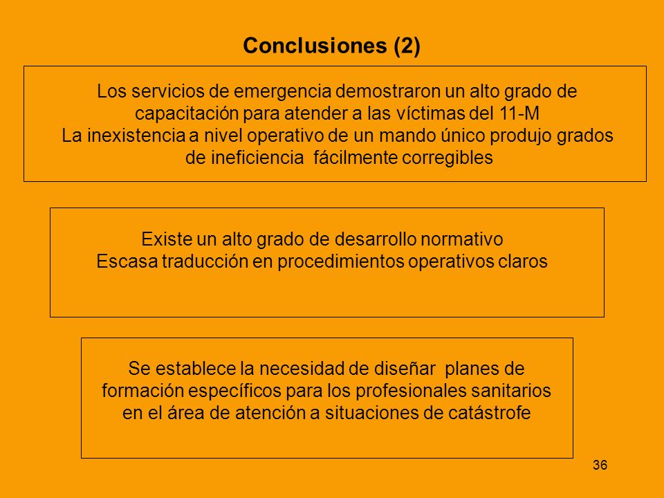 Conclusiones (2) Los servicios de emergencia demostraron un alto grado de. capacitación para atender a las víctimas del 11-M.