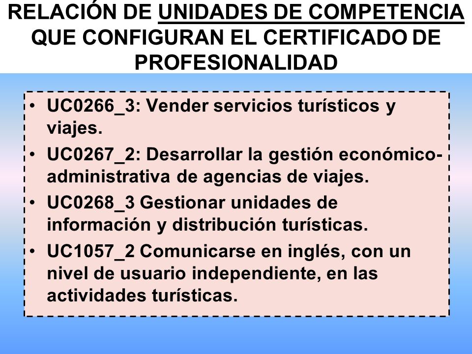 RELACIÓN DE UNIDADES DE COMPETENCIA QUE CONFIGURAN EL CERTIFICADO DE PROFESIONALIDAD