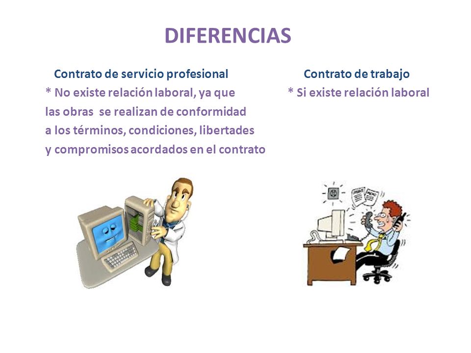 DIFERENCIAS Contrato de servicio profesional Contrato de trabajo