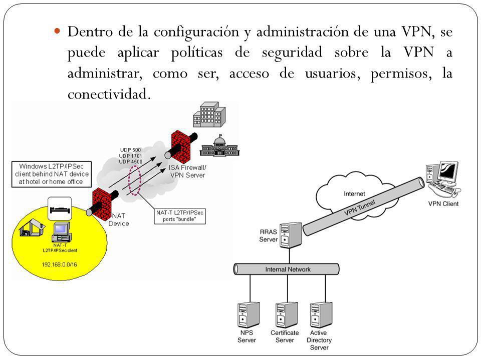 Dentro de la configuración y administración de una VPN, se puede aplicar políticas de seguridad sobre la VPN a administrar, como ser, acceso de usuarios, permisos, la conectividad.