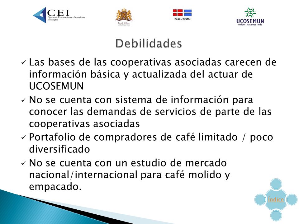 Debilidades Las bases de las cooperativas asociadas carecen de información básica y actualizada del actuar de UCOSEMUN.