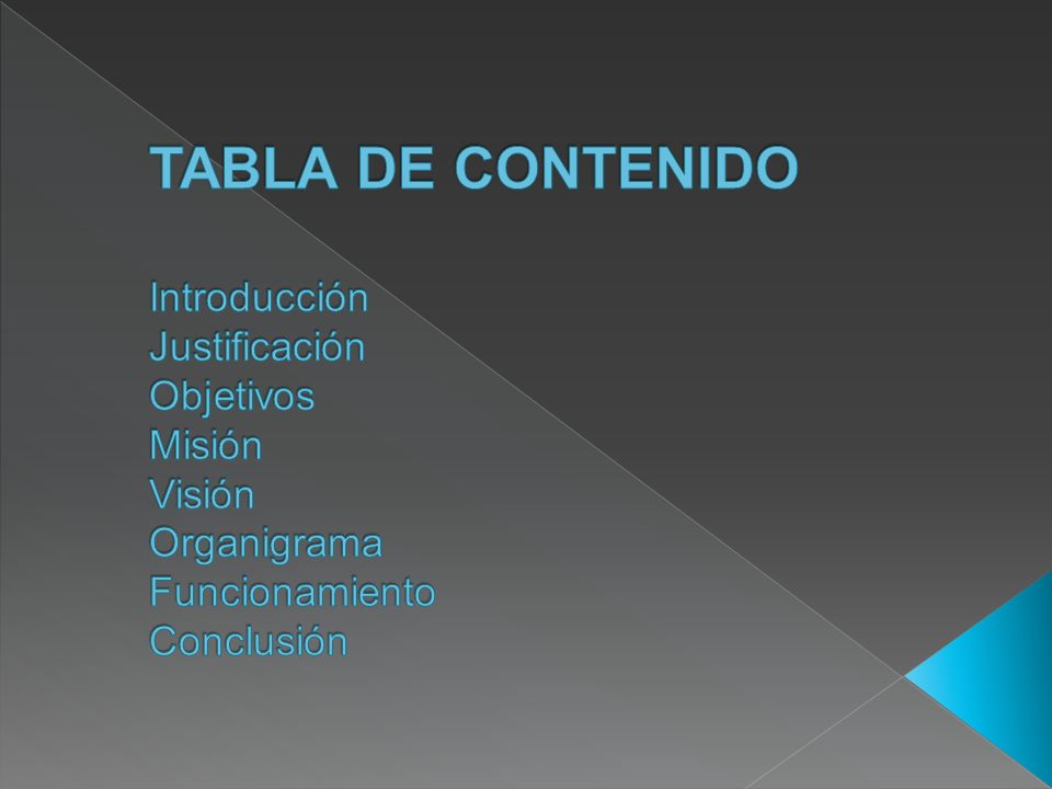 TABLA DE CONTENIDO Introducción Justificación Objetivos Misión Visión Organigrama Funcionamiento Conclusión