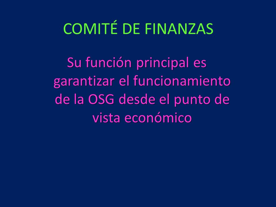 COMITÉ DE FINANZAS Su función principal es garantizar el funcionamiento de la OSG desde el punto de vista económico.