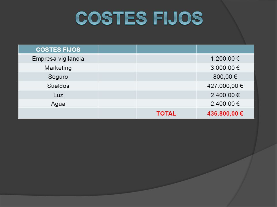 Costes fijos COSTES FIJOS Empresa vigilancia 1.200,00 € Marketing