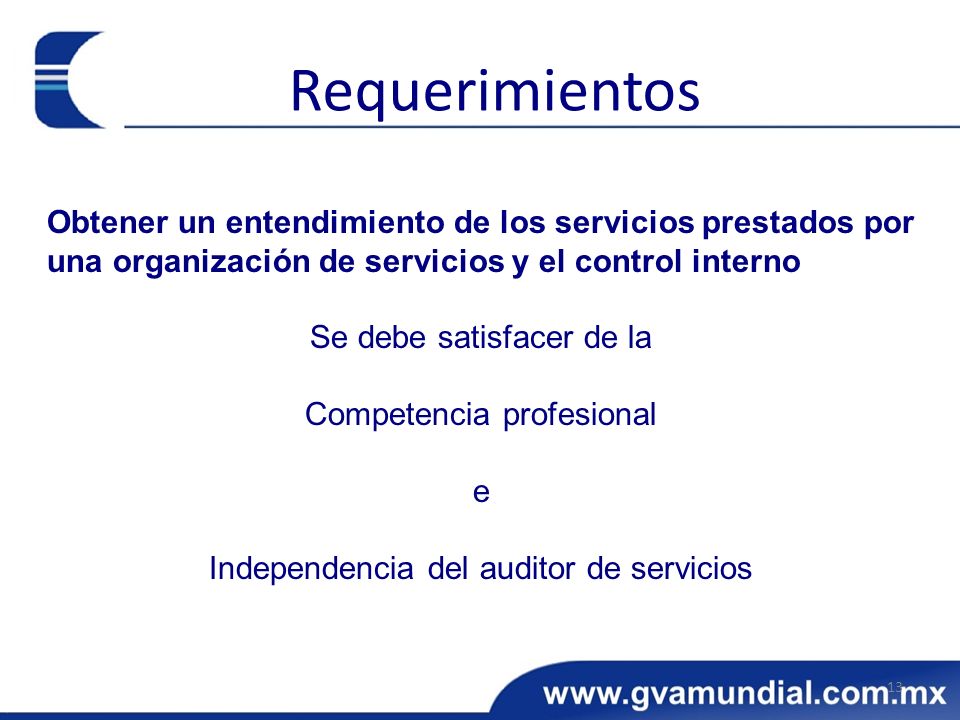 Requerimientos Obtener un entendimiento de los servicios prestados por una organización de servicios y el control interno.