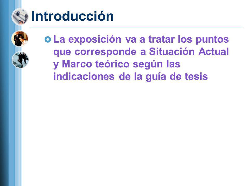 Introducción La exposición va a tratar los puntos que corresponde a Situación Actual y Marco teórico según las indicaciones de la guía de tesis.