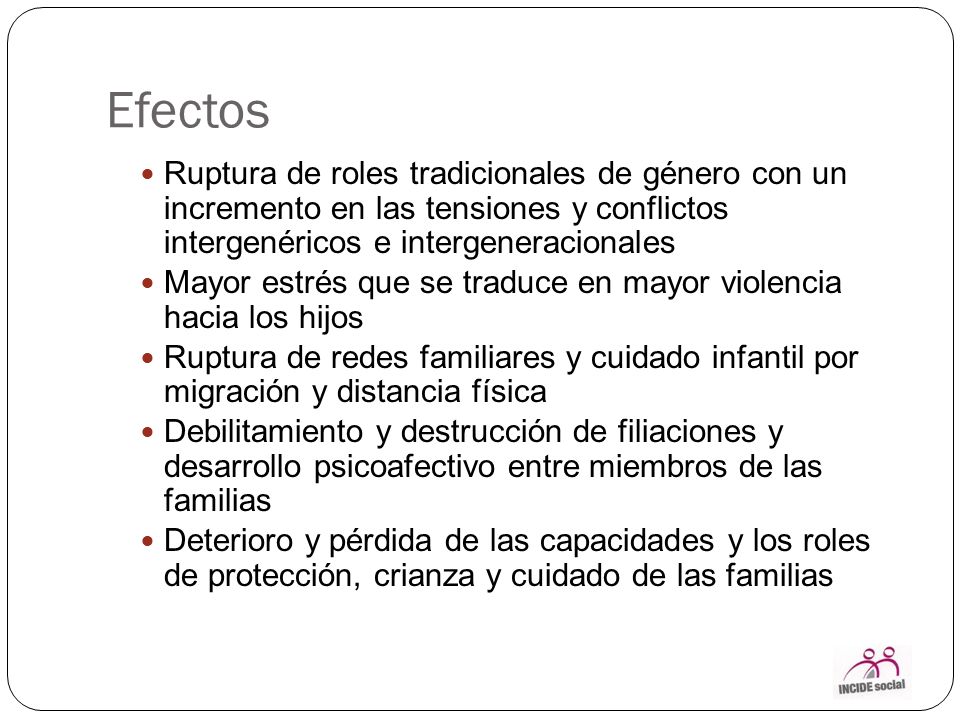 Efectos Ruptura de roles tradicionales de género con un incremento en las tensiones y conflictos intergenéricos e intergeneracionales.