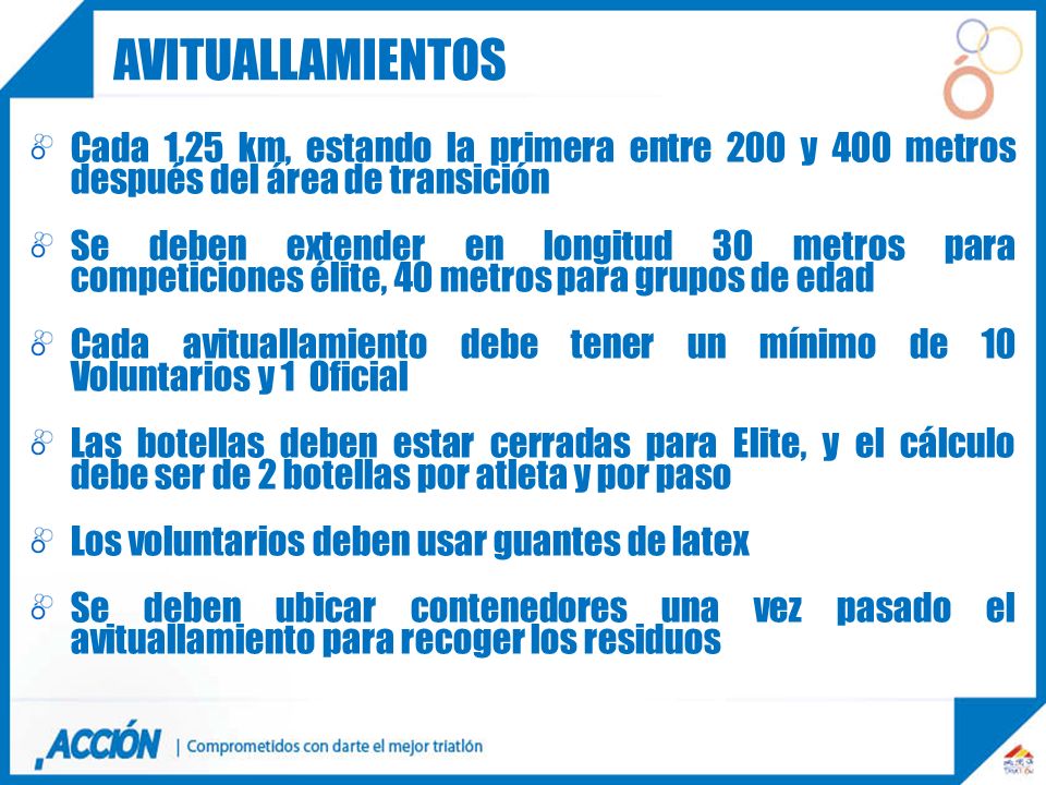 avituallamientos Cada 1,25 km, estando la primera entre 200 y 400 metros después del área de transición.