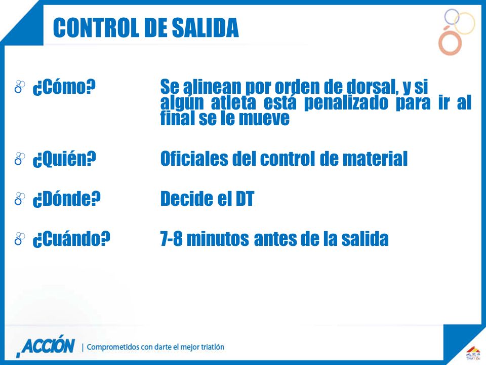 Control de salida ¿Cómo Se alinean por orden de dorsal, y si algún atleta está penalizado para ir al final se le mueve.