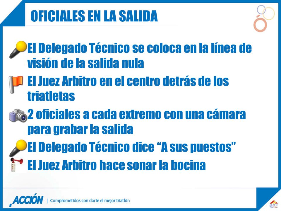 Oficiales en la salida El Delegado Técnico se coloca en la línea de visión de la salida nula. El Juez Arbitro en el centro detrás de los triatletas.